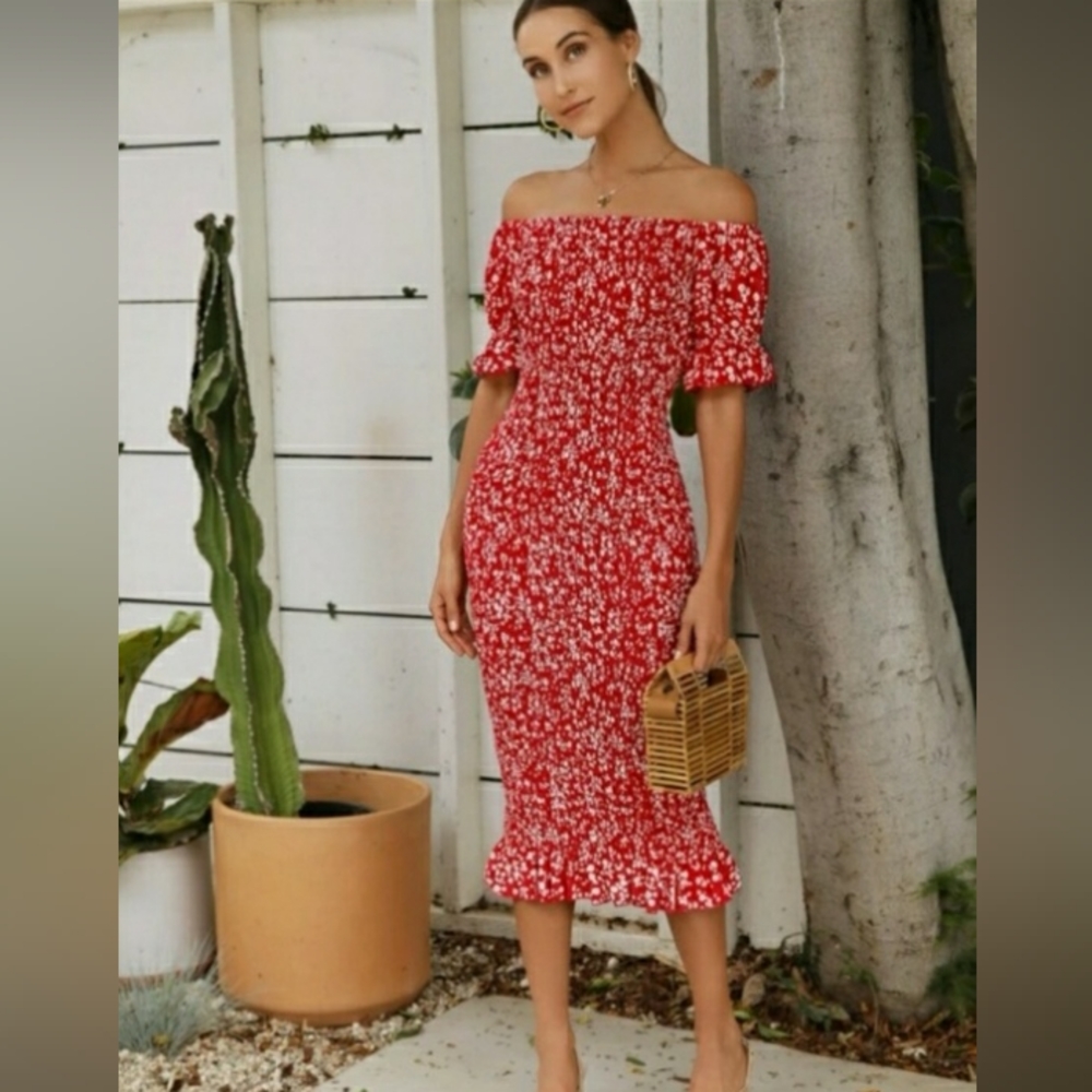 SHEIN Shirred Ruffle Trim Dress